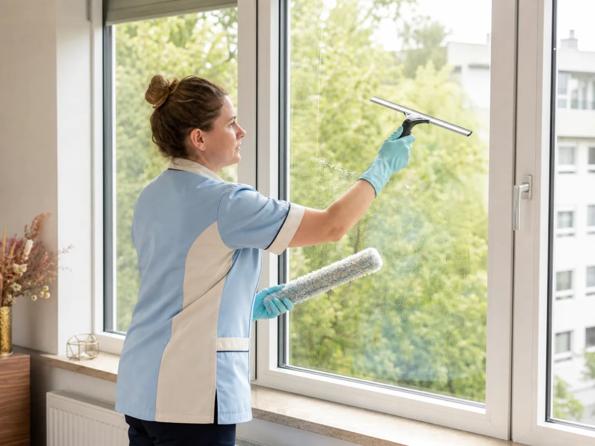 Reinigungskraft säubert ein großes Fenster mit einem Abzieher