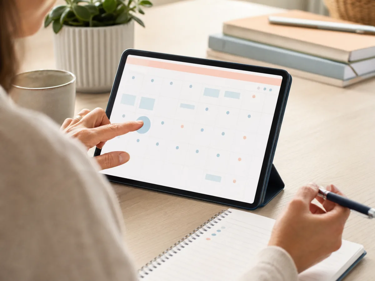 Hände wählen einen passenden Termin in einem Kalender auf dem Tablet